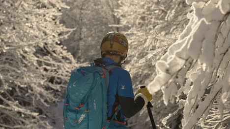 Smiling-skier-turns-around-towards-snowy-enchanted-forest