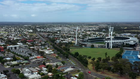 AERIAL-Over-Kardinia-Park-Stadium,-Geelong,-Australia