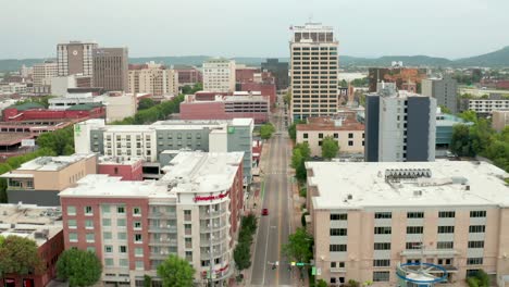 Hotels-in-downtown-Chattanooga.-Aerial-view-above-street
