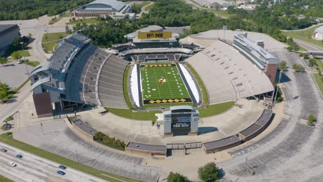 Aerial-Orbiting-Shot-High-Above-Mizzou-Stadium,-Faurot-Field