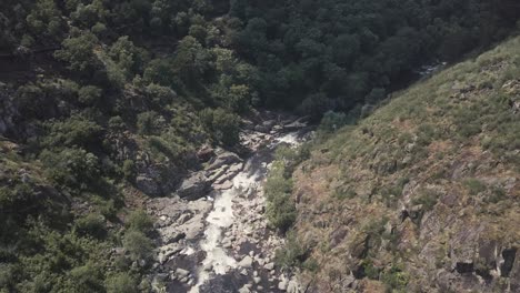 Aerial-flyover-natural-rocky-river-surrounded-by-green-mountains-in-summer