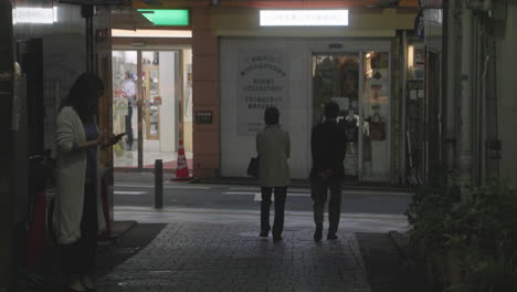 Backview-Of-A-Couple-Walking-On-Brick-Street-Pavement-Alley-In-Tokyo-City,-Japan