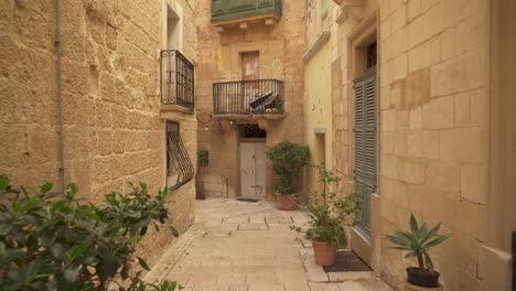 Narrow-Street-with-Wooden-Doors-in-Old-Historical-Houses-in-Birgu,-Malta