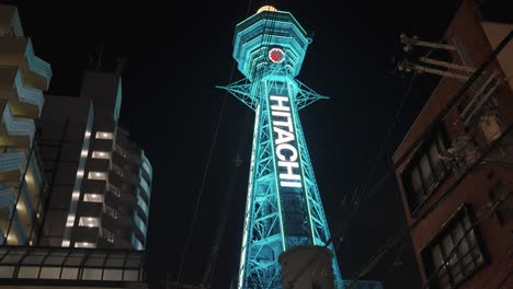 Tsutenkaku-Tower-illuminated-at-night-in-Shinsekai-district-of-Osaka