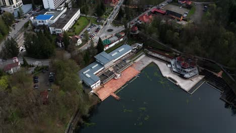 Aerial-View-Of-Spa-Resort-Close-On-Bear-Lake-Close-Due-To-COVID-19-Pandemic-In-Sovata,-Romania