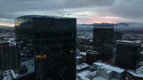 Incredible-Sunset-at-Downtown-Salt-Lake-City-Utah---Aerial-Truck-Right-Movement