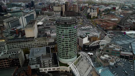 Bullring-Building-by-Shopping-Center-in-Downtown-Birmingham,-England---Aerial