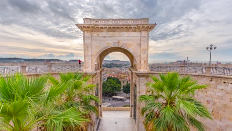 Moving-timelapse-of-the-Bastion-of-Saint-Remy,-a-historic-structure-with-limestone-arch-and-pillars