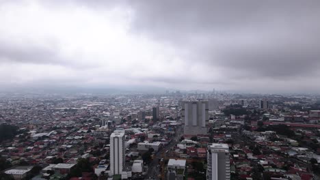High-altitude-aerial-shot-of-skyscrapers-in-San-Jose-during-a-storm,-Costa-Rica