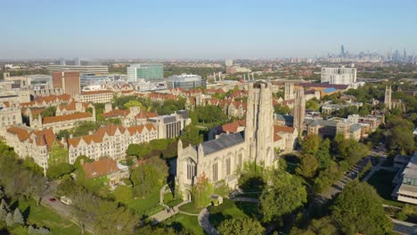 Fixed-Aerial-View-of-University-of-Chicago-Campus,-Rockefeller-Memorial-Chapel