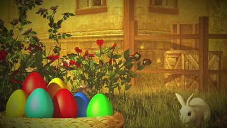 Easter-Eggs-and-white-rabbit-on-green-meadow-with-colorful-tulips-with-house-in-the-background