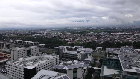 Aerial-shot-flying-over-a-shopping-mall-in-the-city-of-San-Jose,-Costa-Rica