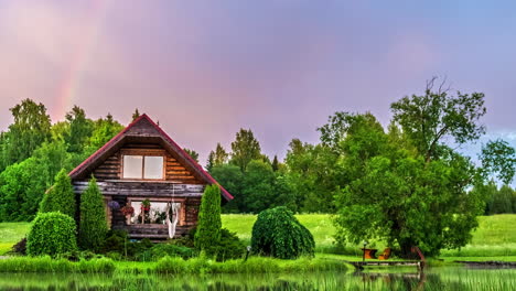 Pictureque-view-of-a-wooden-house-with-a-rainbow-in-the-background,-surrounded-by-green-grasslands-and-clouds-blowing-over-the-lake-in-timelapse-on-a-sunny-morning