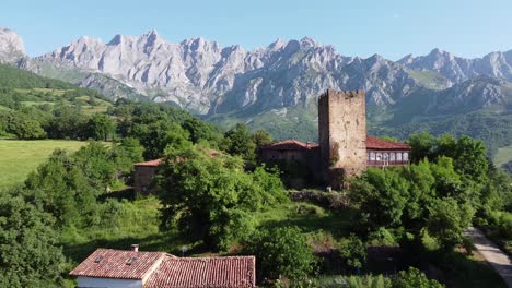 National-Park-Picos-de-Europa,-Asturias-and-Cantabria,-Spain---Aerial-Drone-View-of-the-Hiking-Trail-from-Mogrovejo-to-the-Peaks-of-the-High-Mountains