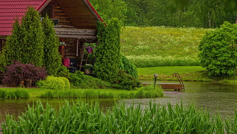 Shot-of-a-wooden-cottage-by-the-side-of-a-lake-throughout-the-day-in-timelapse