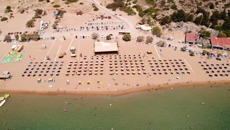 Fly-Over-Famous-Tsambika-Beach-Resort-During-Summer-In-The-Island-Of-Rhodes-In-Greece