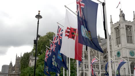 Reihe-Von-Commonwealth-Flaggen,-Die-Im-Wind-Auf-Dem-Parliament-Square-In-Westminster-Flattern