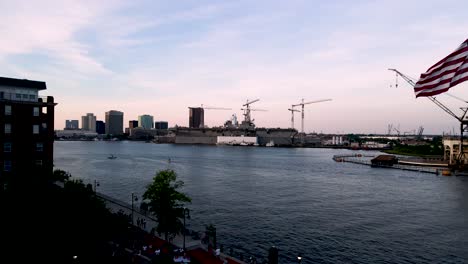 Aerial-View-Over-Elizabeth-River-With-General-Dynamics-Nassco-Shipyard-In-Background