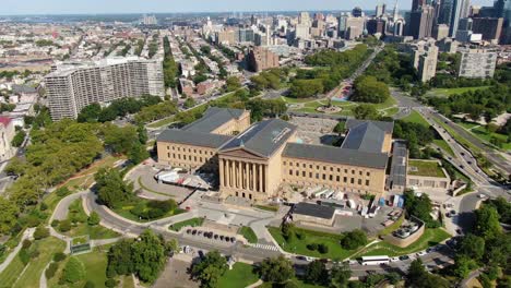 Philly-Art-Museum-aerial-orbiting-drone-revealing-museum,-Fairmount-Park
