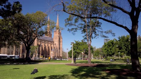 Las-Mujeres-Profesionales-De-La-Oficina-Están-Tumbadas-En-El-Césped-Y-Leyendo-Frente-A-Una-Catedral-En-El-Parque