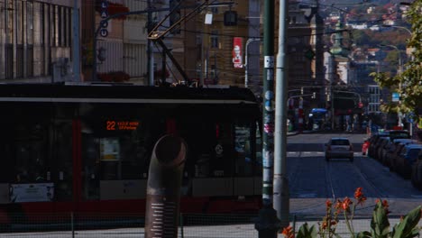 Prague-October-13-of-2019---Tram-crosses-Namesti-Miru-in-Prague-under-sunny-day