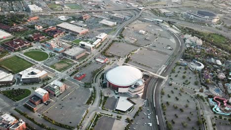 Denver-Colorado,-Aerial-View-on-Pepsi-Center-Arena,-Empower-Field-at-Mile-High-Stadium-and-Elitch-Gardens-Amusement-Park