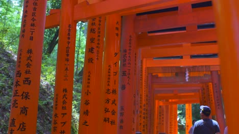 Turistas-Caminando-A-Través-De-Las-Puertas-Torii-En-El-Santuario-Fushimi-Inari,-Kyoto