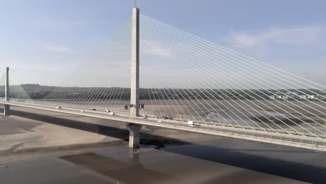 Modern-landmark-Mersey-Gateway-transport-bridge-drone-aerial-wide-pan-right-view