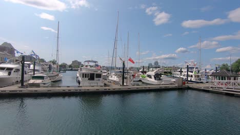 Sailboats-Docked-In-Marina-Harbor,-Pan-Left,-Victoria,-British-Columbia,-Canada