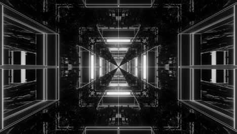 Flying-into-black-and-white-neon-tunnel,-sci-fi-spaceship-interior,-futuristic-technology-corridor-abstract-seamless-VJ-for-tech-titles-and-background