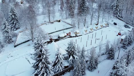 Aerial-view-overlooking-cabins-in-the-Kalevala-Finnish-village,-in-middle-of-snow-covered-forest,-on-a-cloudy-winter-day,-in-Poland---orbit,-drone-shot