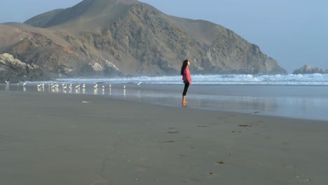 Girl-standing-on-the-beach,-looking-at-the-ocean