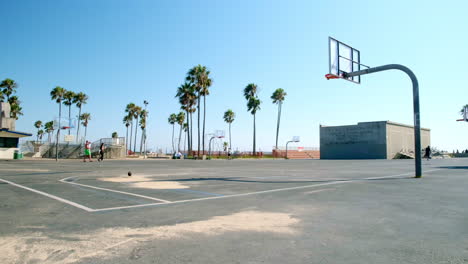 Vögel-Und-Passanten-Laufen-An-Einem-Sonnigen-Tag-Während-Der-Sperrung-Durch-Den-Leeren-Basketballplatz-In-Venedig,-Kalifornien