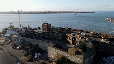 Aerial-4k-footage-of-old-fort-on-river-Medway