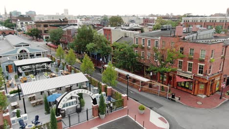 The-Choptank-and-Broadway-Market,-empty-during-coronavirus-shutdown-in-Fells-Point-Baltimore-Inner-Harbor-Maryland,-no-tourists,-aerial-turn-shot