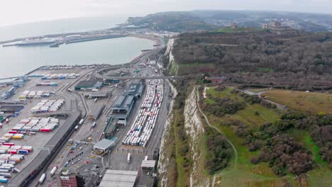 Aerial-slider-shot-of-trucks-queueing-at-dover-to-calais-harbour-brexit