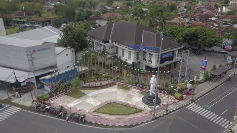 aerial-view,-Bantul-district-landmark-and-the-Yogyakarta-BPD-DIY-bank-building,-Bantul-branch