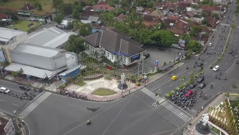 aerial-view,-Bantul-district-landmark-and-the-Yogyakarta-BPD-DIY-bank-building,-Bantul-branch