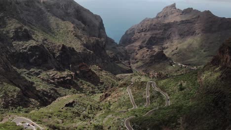 Impressive-aerial-drone-shot-of-green-mountains-in-masca-tenerife-canary-islands-spain