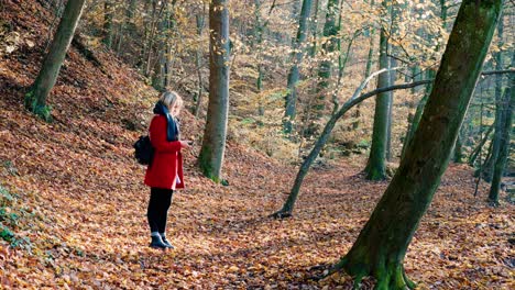 Beautiful-Young-Girl-in-red-coat-standing-amidst-the-orange-brown-autumn-forest-woodland-filled-by-bright-warm-sunlight-waiting-on-the-phone