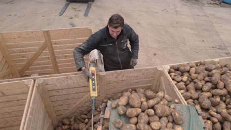 Farmer-controlling-conveyor-belt-filled-with-potatoes-into-wooden-crates---aerial