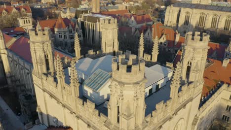 Close-Up-Aerial-View,-Stunning-Gothic-Architecture-University-Campus