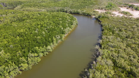 Aerial-Drone-shot-of-Buffalo-Creek-and-Dense-Green-Bushland-near-Darwin,-Northern-Territory