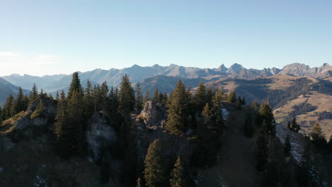 Aerial-dolly-of-mountain-top-with-trees-with-large-mountains-in-the-background