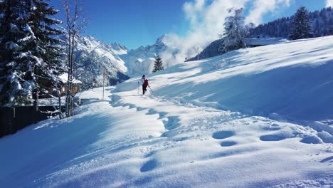 Woman-walking-on-the-snow-with-walking-stick-and-snow-shoes