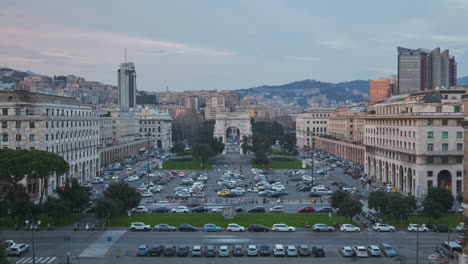 Genoa-or-Genova-Piazza-Della-Vittoria-square-and-Arco-Della-Vittoria-Victory-Arch-sunset-timelapse-in-Liguria,-Italy