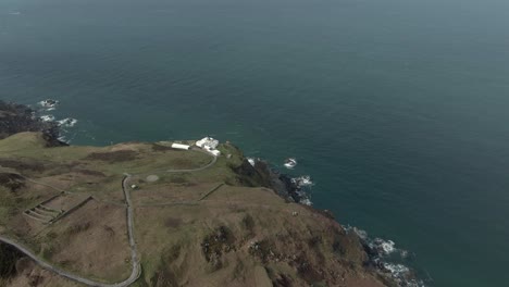 Aerial-view-of-Mull-of-Kintyre-lighthouse-in-Argyll-and-Bute,-Scotland