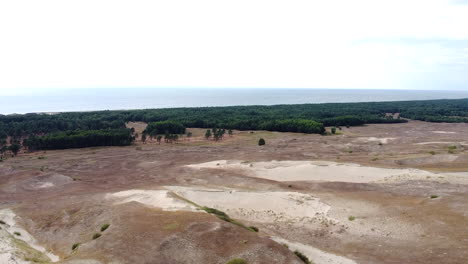 Majestic-view-of-Baltic-sea-while-flying-over-sandy-dune-and-pine-tree-forest-in-Neringa,-Lithuania