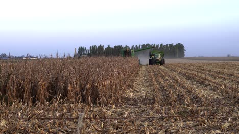 A-combine-and-a-tractor-move-towards-the-camera-harvesting-corn
