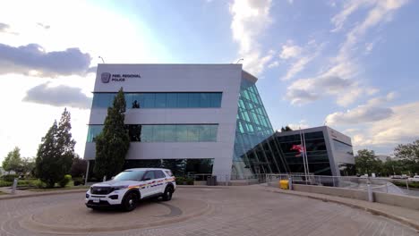 Entrance-of-Peel-Regional-police-station-with-a-police-car-in-front